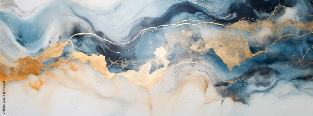Colorful Marble abstract painting with blue, beige and golden orange background, fluid washes of color, wavy resin sheets, abstraction creation, ornate.