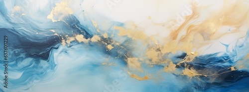 Colorful Marble abstract painting with blue, beige and golden orange background, fluid washes of color, wavy resin sheets, abstraction creation, ornate.