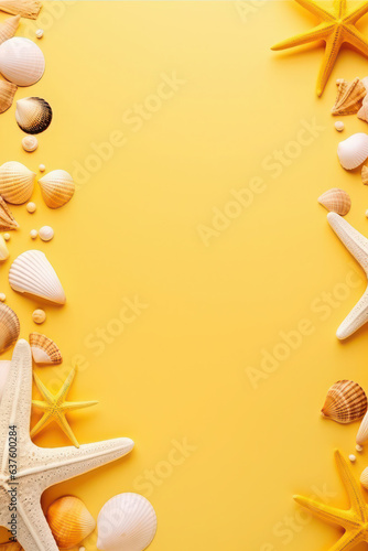 top view, flat lay. yellow, orange background with seashells. tourism and summer. frame, template and place for text.