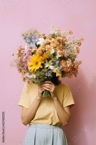 Wallpaper Mural portrait of a young woman hiding behind a lush bouquet of different flowers. the girl holds buds and flowers in hands. Torontodigital.ca