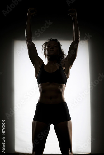 silhouette of a girl showing strong, muscular arms. fitness and sports. healthy woman. victory and perseverance.