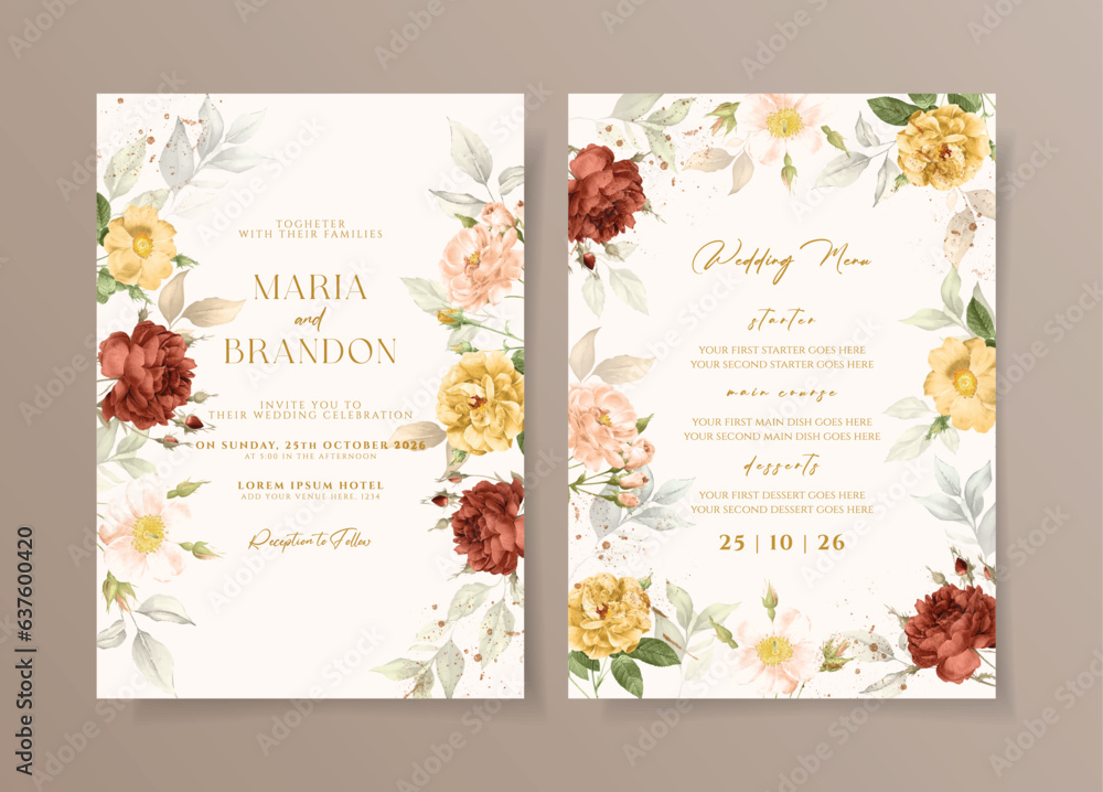 Watercolor wedding invitation template set with beautiful red yellow and leaves decoration