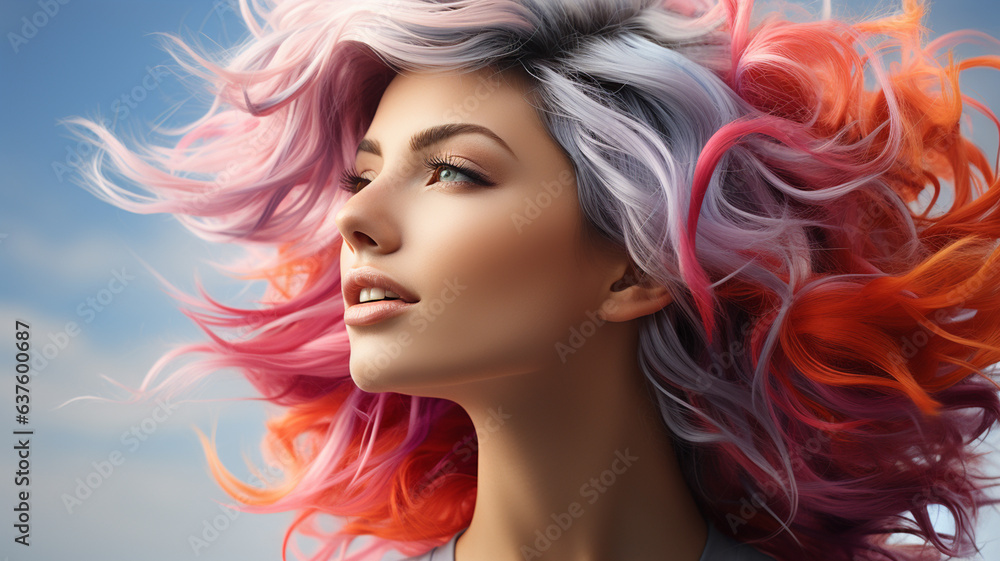 beautiful young woman in pink wig and colorful hair