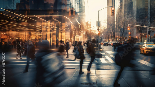 Blurred motion highlights the bustling pedestrians at crosswalks