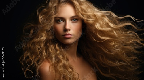 Wallpaper Mural Golden Curls: A captivating portrait of a young woman with voluminous, flowing blonde curls, her gaze intense and mesmerizing against a dark backdrop. Torontodigital.ca