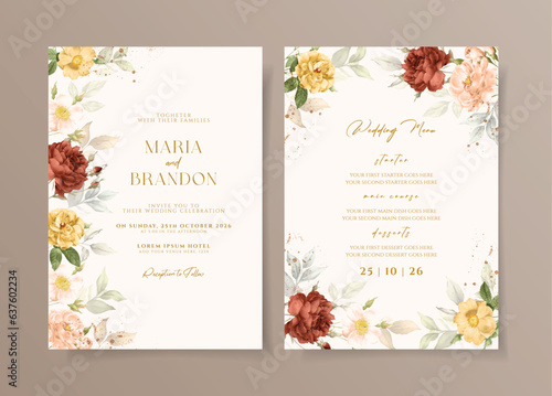 Watercolor wedding invitation template set with beautiful red yellow and leaves decoration