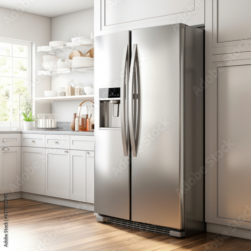 lifestyle photo modern refridgerator with ice dispenser in door