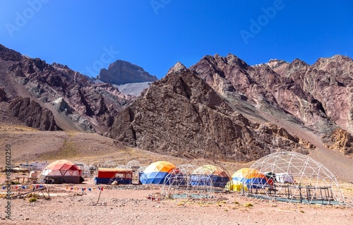 Confluencia Tent Domes and Camping Area, Mount Aconcagua Provincial Park, Mendoza Argentina. Horcones Basecamp Climbing Route Expedition, Scenic Andes Mountains Landscape photo