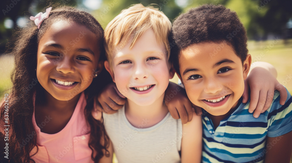 Vibrant portrait of a group of diverse, cheerful, and happy multiethnic children enjoying outdoor fun together.