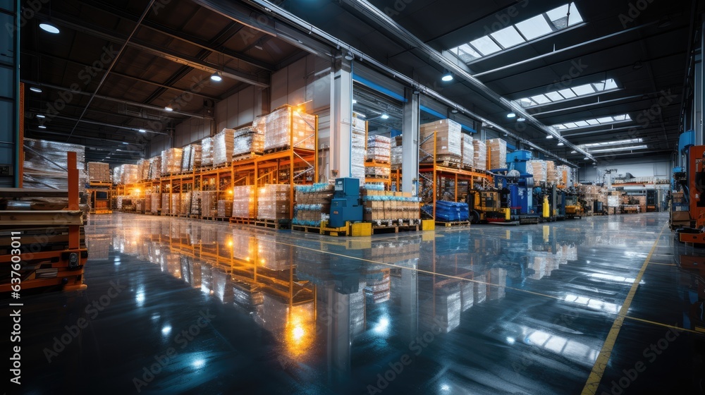 View of large modern industrial warehouse. Generative AI View of large modern industrial warehouse. Generative AI