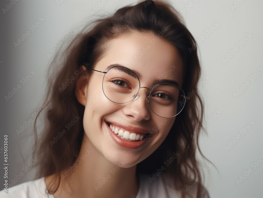 Captivating portrait of a delighted woman donning glasses, exuding happiness and contentment, captured against a plain white background. Captivating portrait of a delighted woman donning glasses, exuding happiness and contentment, captured against a plain white background.