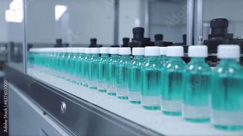 Medical vials on a pharmaceutical production line at a state-of-the-art pharmaceutical factory, with a pharmaceutical machine diligently producing pharmaceutical glass bottles in the background.