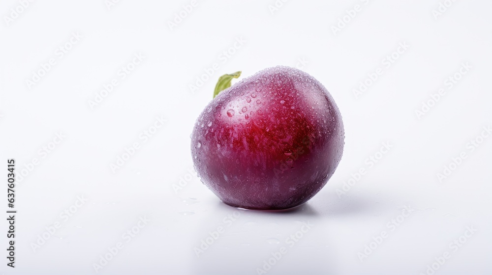 A fresh plum on a white background, showing off its natural color and texture. A fresh plum on a white background, showing off its natural color and texture.
