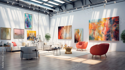 An art exhibition featuring paintings displayed within an impressive interior
