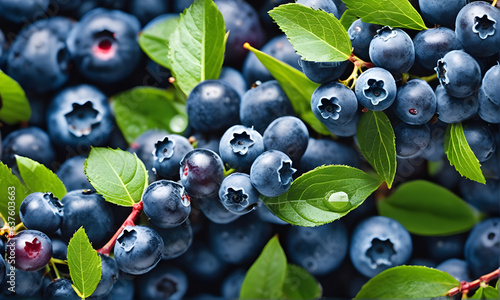 Food photography background banner panorama long texture seamless pattern - Summer fruits blueberry - Closeup of ripe blueberries branches with water drops, top view