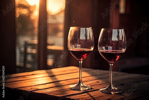 2 glasses of red wine sit against a wooden background Generative AI