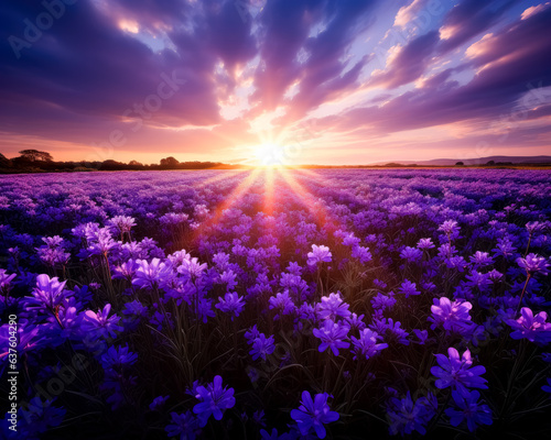 Rainbow over a colorful field full of purple and blue flowers at sunset.