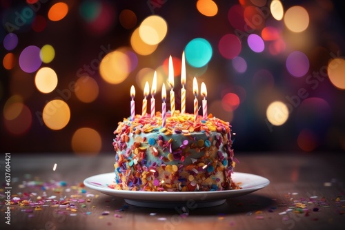 Birthday cake with candles in dining room, blurred background. Generative AI