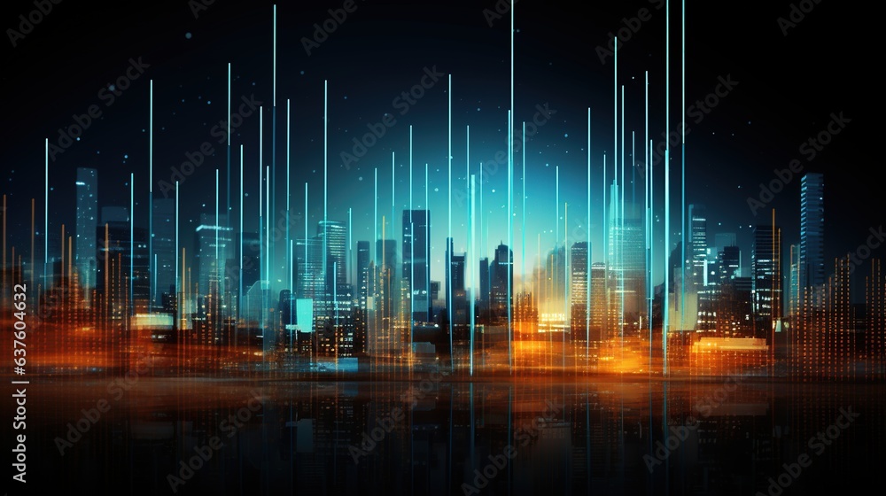 Fototapeta premium Cyber Cityscape: A futuristic cityscape awash in a vibrant symphony of blue and orange, with glowing neon lines emanating from the skyscrapers.