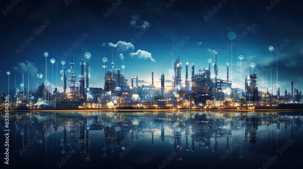 Fototapeta premium Smart Industry at Night: A futuristic cityscape of interconnected industrial plants and factories reflected in tranquil water under a twilight sky.