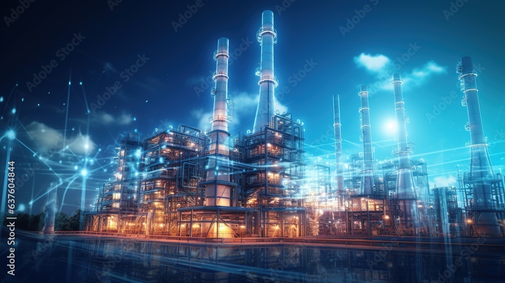 Oil, gas, and petrochemical refinery factory featuring dual exposure artwork showcasing the power of the future. generative ai