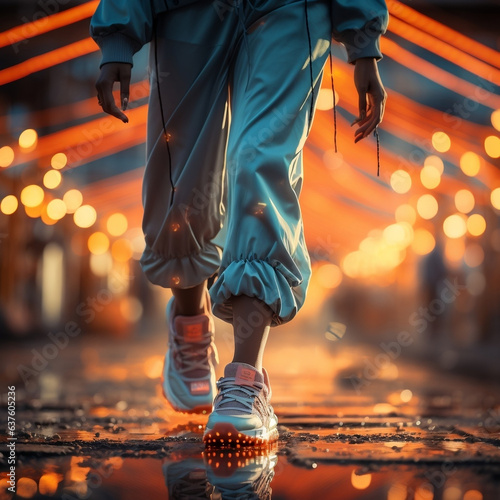 a woman is walking on the street with sneakers, in the style of vibrant, high-energy imagery, landscape-focused