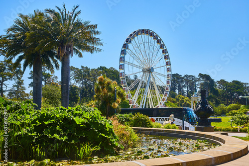 Small pond with lily pads and green plants with bus and Ferris wheel in background