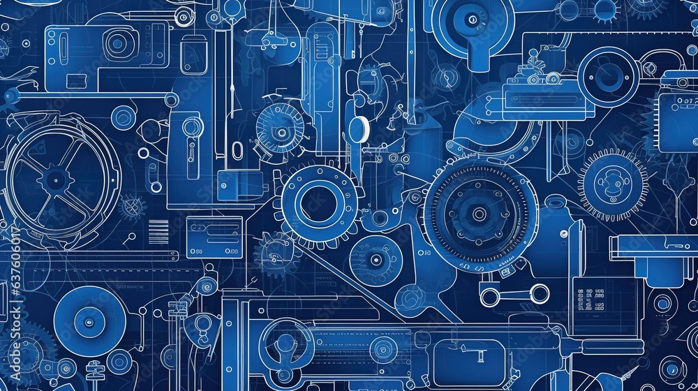 Blueprint of Innovation: A detailed, intricate blueprint illustration showcases a complex array of mechanical components, cogs, gears, and other machine elements. Blueprint of Innovation: A detailed, intricate blueprint illustration showcases a complex array of mechanical components, cogs, gears, and other machine elements.