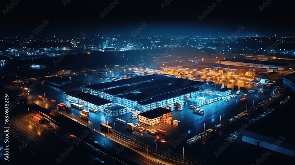 An aerial view of an online store supply warehouse. View of a logistics centre in a city's industrial district. generative ai