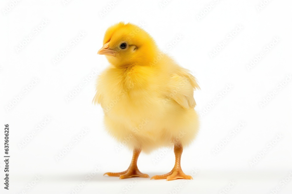 A small yellow chicken standing on a white background, created by Generative AI