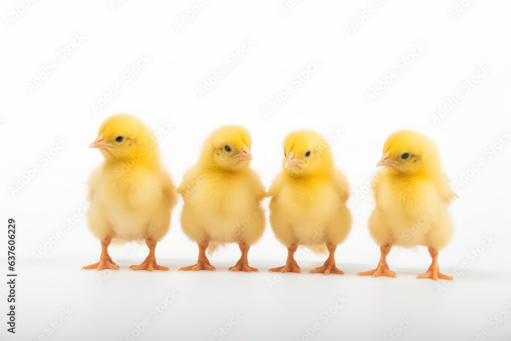 Four yellow chicks standing in a row on a white background, created by Generative AI