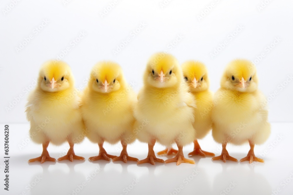 A group of yellow chicks standing on a white background, created by Generative AI