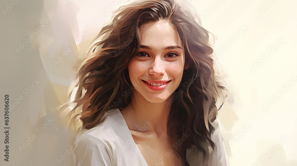 Fototapeta premium Smiling Woman in Soft Light: A young woman with a radiant smile and flowing brown hair bathed in soft, ethereal light. The image evokes a sense of joy, serenity, and feminine beauty.