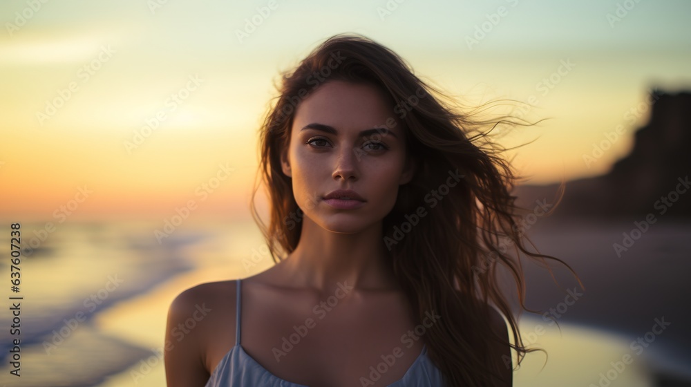 Golden Hour Beauty: A captivating portrait of a young woman, her windswept hair framing her face as she stares intently into the camera, bathed in the warm glow of a sunset. Golden Hour Beauty: A captivating portrait of a young woman, her windswept hair framing her face as she stares intently into the camera, bathed in the warm glow of a sunset.