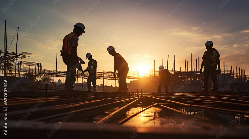 Fototapeta premium Silhouette of Engineer and worker on building site, construction site at sunset. generative ai