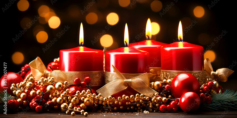 Festive Christmas and Advent decoration with red burning candles and bokeh background
