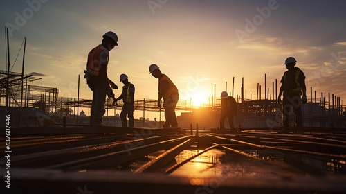 Silhouette of Engineer and worker on building site, construction site at sunset. generative ai