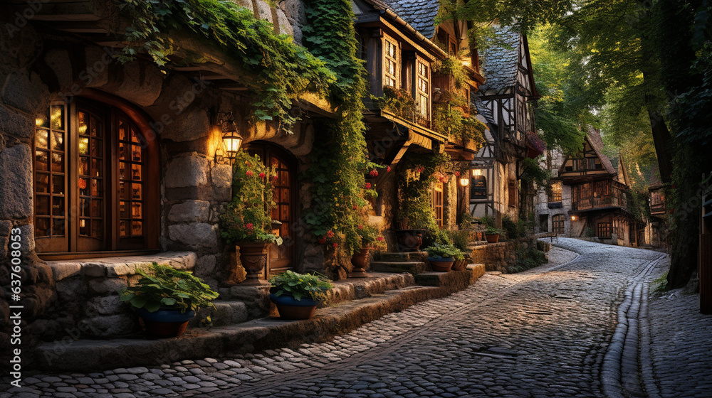 A cobblestone street winding through an ancient French village 