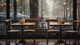 A solitary café table with a checkered tablecloth under the Parisian rain 