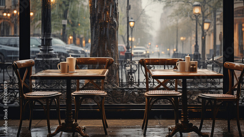 A solitary café table with a checkered tablecloth under the Parisian rain  photo