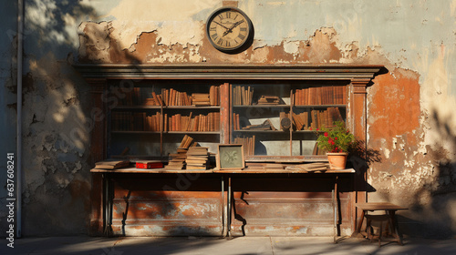 Time-worn bookshop façade, shadows playing on its weathered sign 