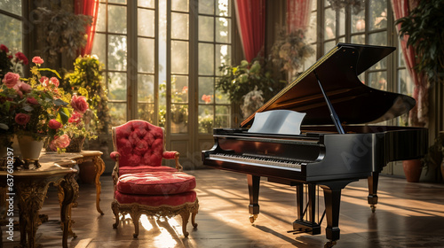 A grand piano bathed in soft light within a Belle Époque salon