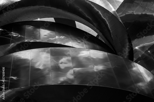 Fotografia Black and white tone, Close up detail at shining metal railing of curvature spiral staircase