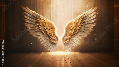 A pair of gold angel wings in a photography studio backdrop. Potential graphic resource for use by photographers. © Daniel L