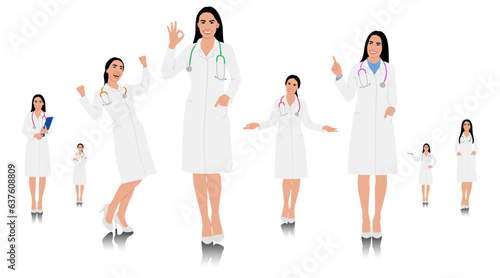 Hand-drawn female healthcare worker. Happy smiling doctor with a stethoscope. A doctor in a white coat poses. Different color options. Vector flat style illustration set isolated on white