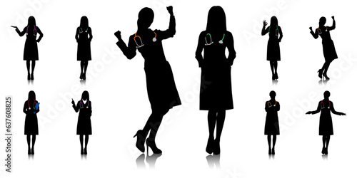Silhouette of female healthcare worker. Happy smiling doctor with a stethoscope. A doctor in a white coat poses. Different color options. Vector flat style illustration set isolated on white