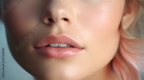 Woman beautiful face close up with healthy skin and beauty lips and eyes. generative ai