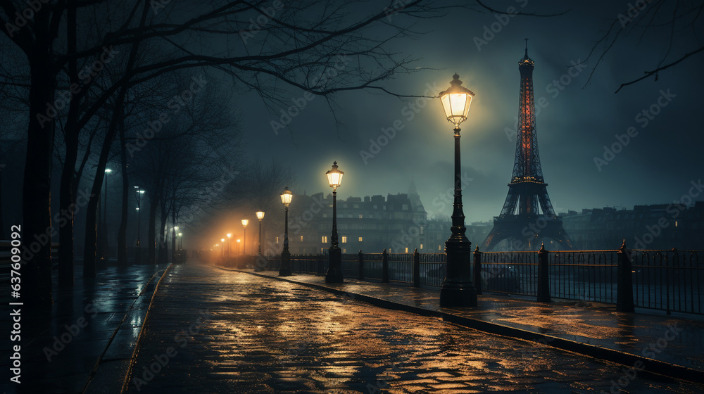 A solitary streetlamp illuminating a deserted Parisian avenue 