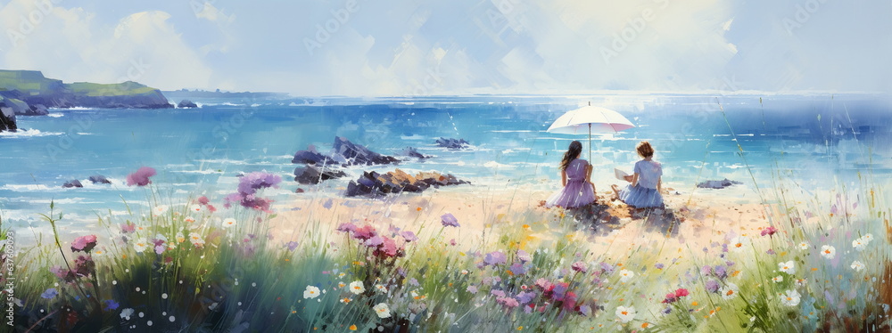 romantic woman on wild beach ,sea water on horizon, wild flowers on field ,impressionist  style art paint - obrazy, fototapety, plakaty 