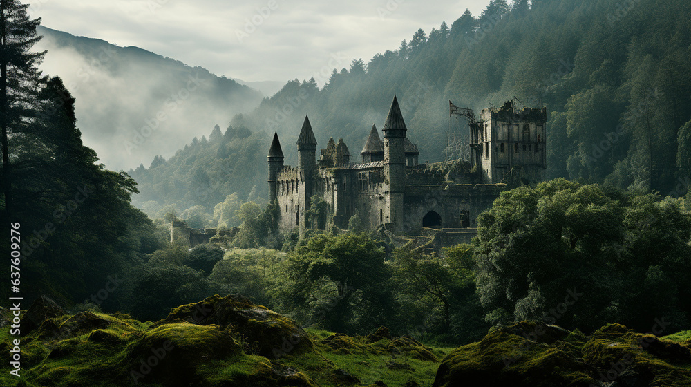 A château's turret rising above a dense forest, shrouded in mystery